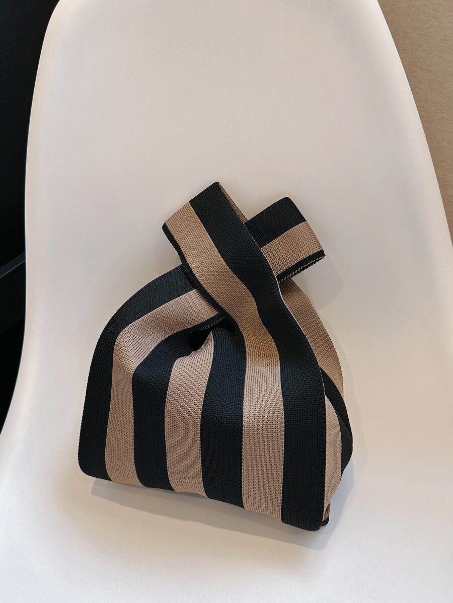 lulu kewen 1pc Handwoven Knotted Handle Tote Bag For Women, Plaid Striped Pattern, Polyester Woven Handbag