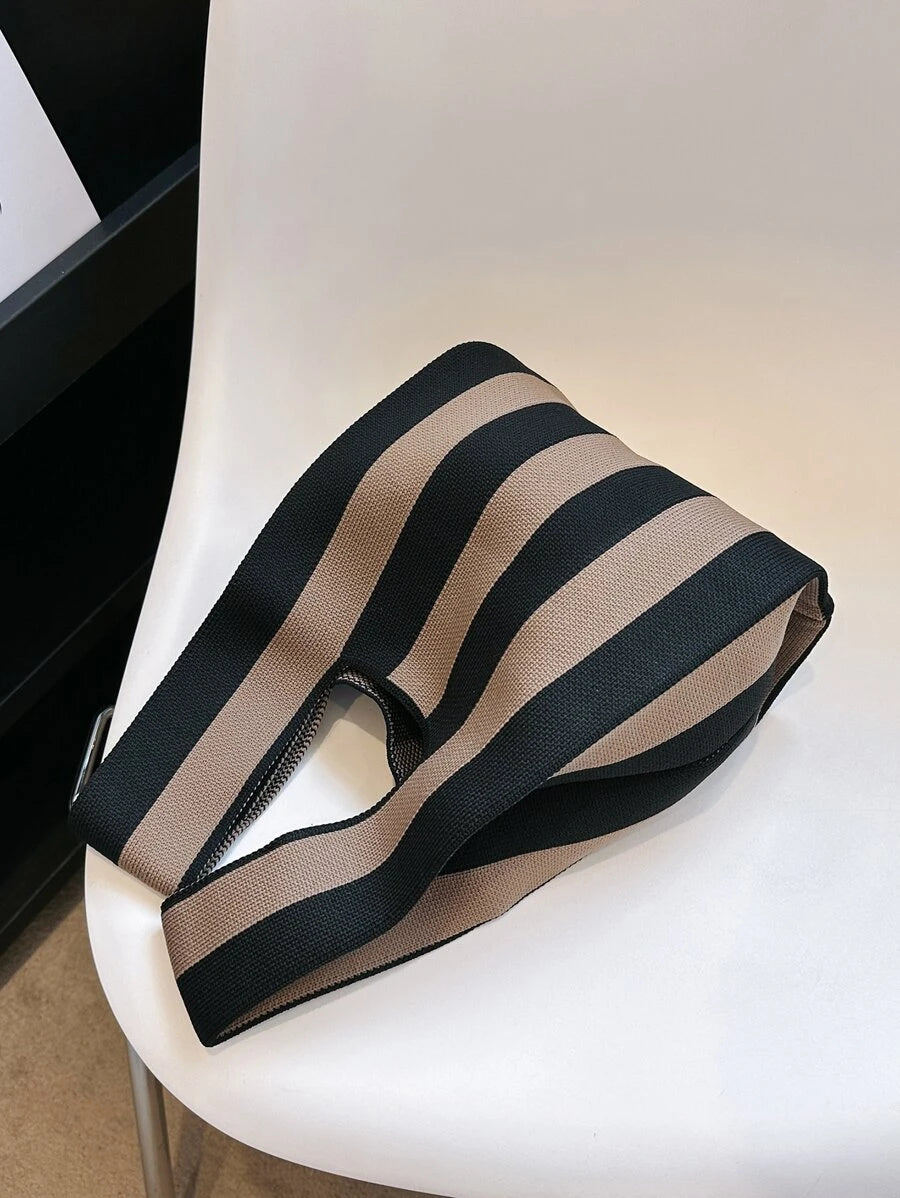 lulu kewen 1pc Handwoven Knotted Handle Tote Bag For Women, Plaid Striped Pattern, Polyester Woven Handbag