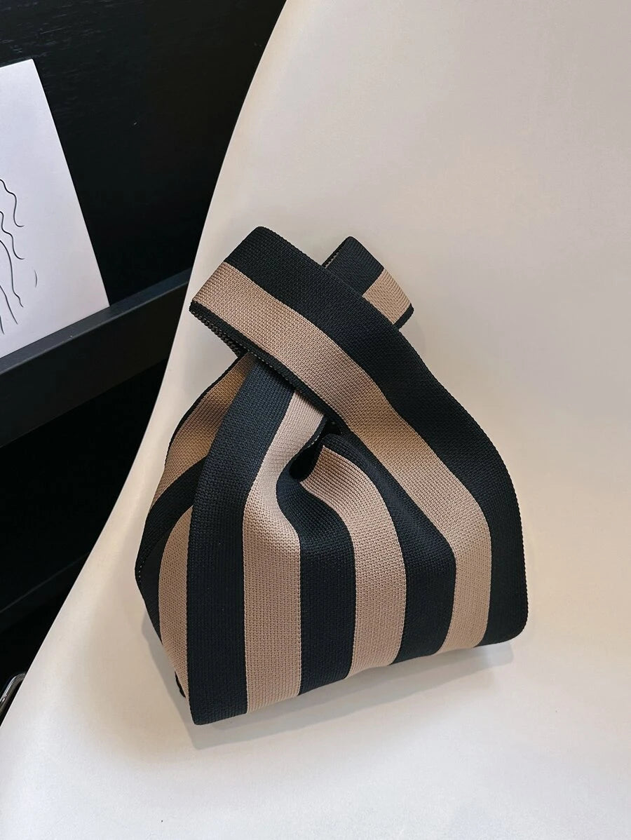 lulu kewen 1pc Handwoven Knotted Handle Tote Bag For Women, Plaid Striped Pattern, Polyester Woven Handbag