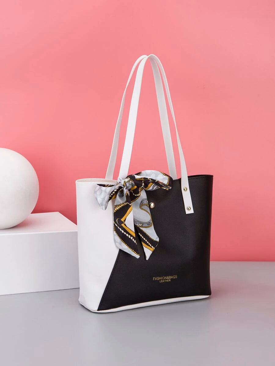 1pc PU Splicing Fashionable Scarf Letter Foil Tote Bag, Handbag, Shoulder Bag, Shopping Bag, Casual Everyday Use