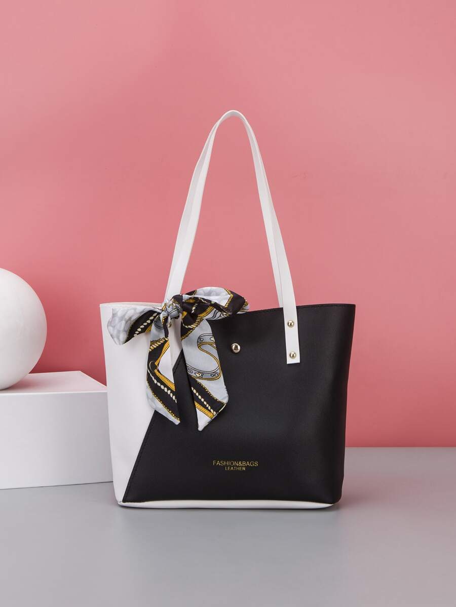 1pc PU Splicing Fashionable Scarf Letter Foil Tote Bag, Handbag, Shoulder Bag, Shopping Bag, Casual Everyday Use