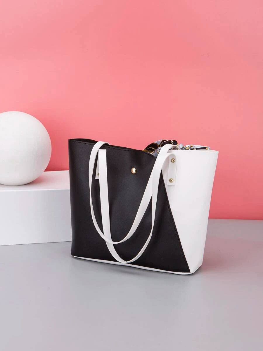 1pc PU Splice Fashionable Scarf Logo Heat Transfer Tote Bag, Handbag, Shoulder Bag, Shopping Bag, Casual Daily Use