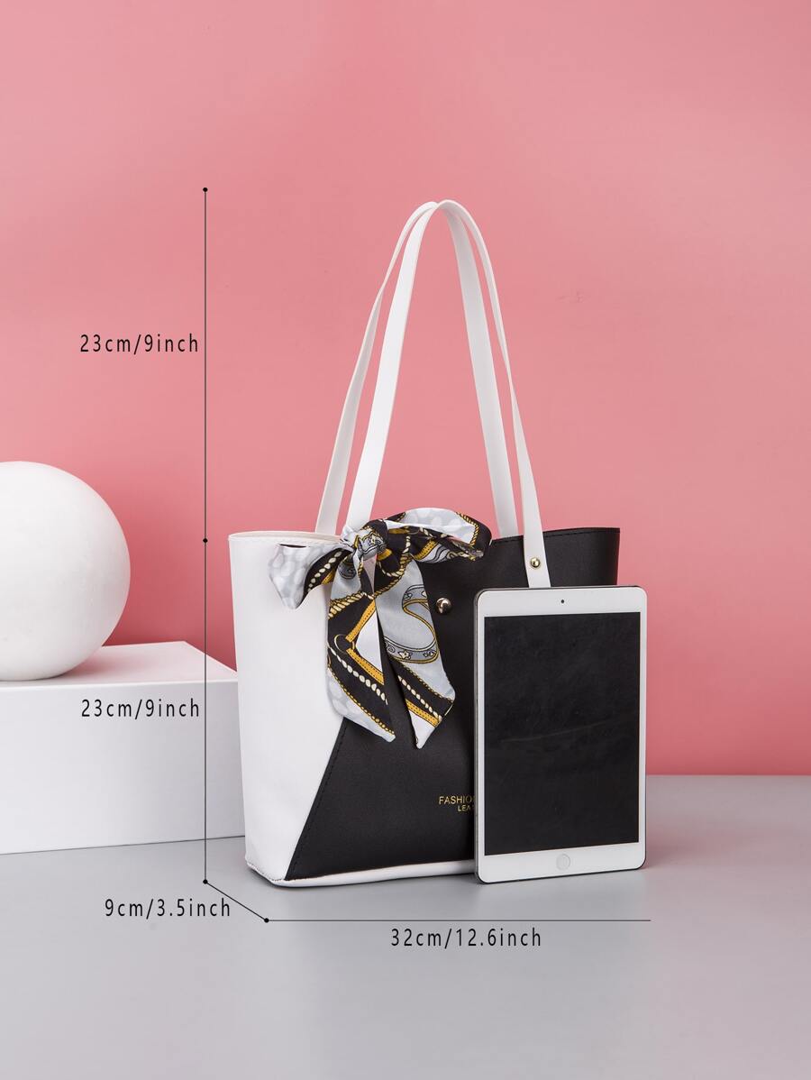 1pc PU Splice Fashionable Scarf Logo Heat Transfer Tote Bag, Handbag, Shoulder Bag, Shopping Bag, Casual Daily Use
