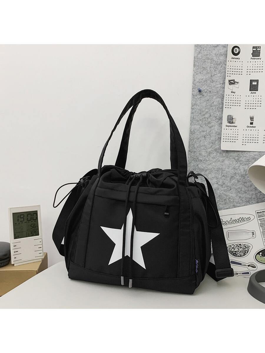 Large Capacity Women's Shoulder Bag Handbag Black And White Contrast Star Printed Nylon Waterproof Fabric Daily Commuter Bag