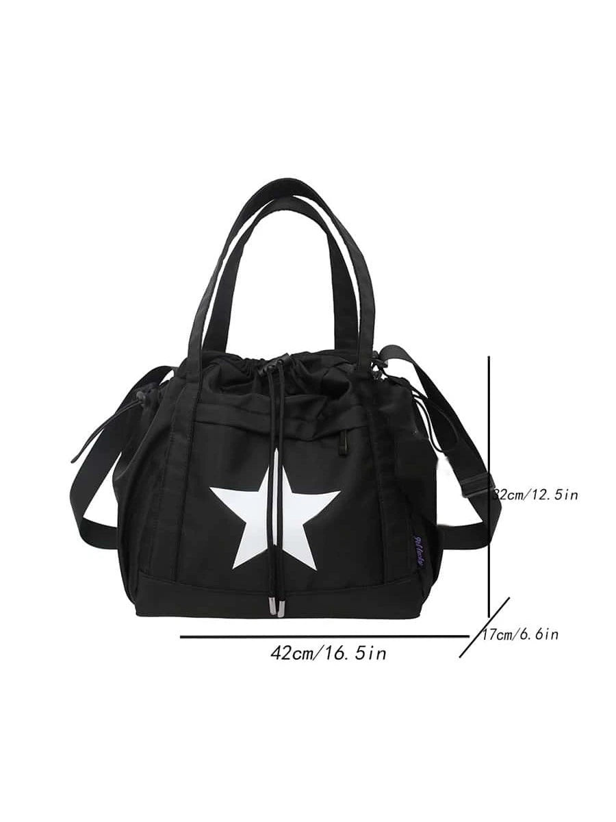 Large Capacity Women's Shoulder Bag Handbag Black And White Contrast Star Printed Nylon Waterproof Fabric Daily Commuter Bag