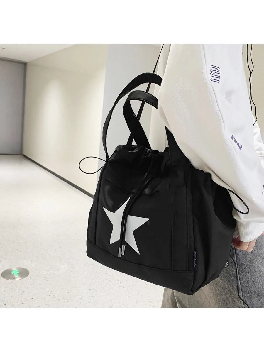 Large Capacity Women's Shoulder Bag Handbag Black And White Contrast Star Printed Nylon Waterproof Fabric Daily Commuter Bag