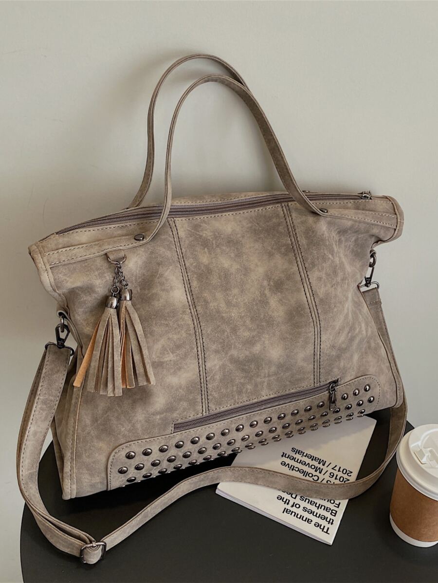 Minimalist Lightweight,Portable,Classic,Casual Large Capacity Tote Bag With Rivet And Tassel Decoration For Teen Girls Women College Students,Teacher,White-Collar Workers,Rookies & White-Collar Worker