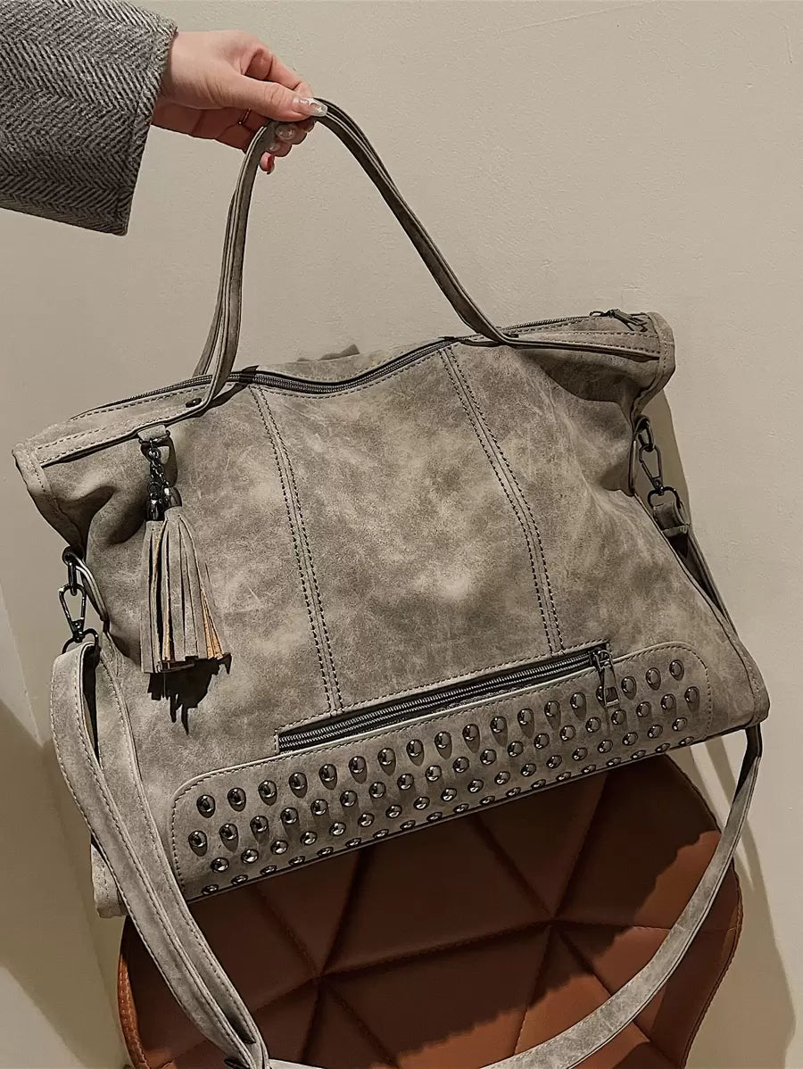 Minimalist Lightweight,Portable,Classic,Casual Large Capacity Tote Bag With Rivet And Tassel Decoration For Teen Girls Women College Students,Teacher,White-Collar Workers,Rookies & White-Collar Worker