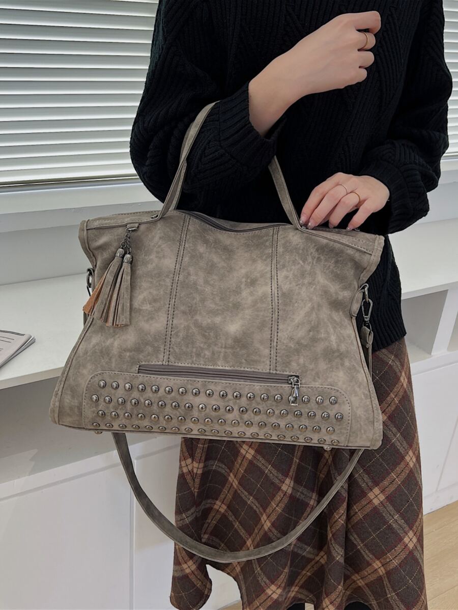 Minimalist Lightweight,Portable,Classic,Casual Large Capacity Tote Bag With Rivet And Tassel Decoration For Teen Girls Women College Students,Teacher,White-Collar Workers,Rookies & White-Collar Worker