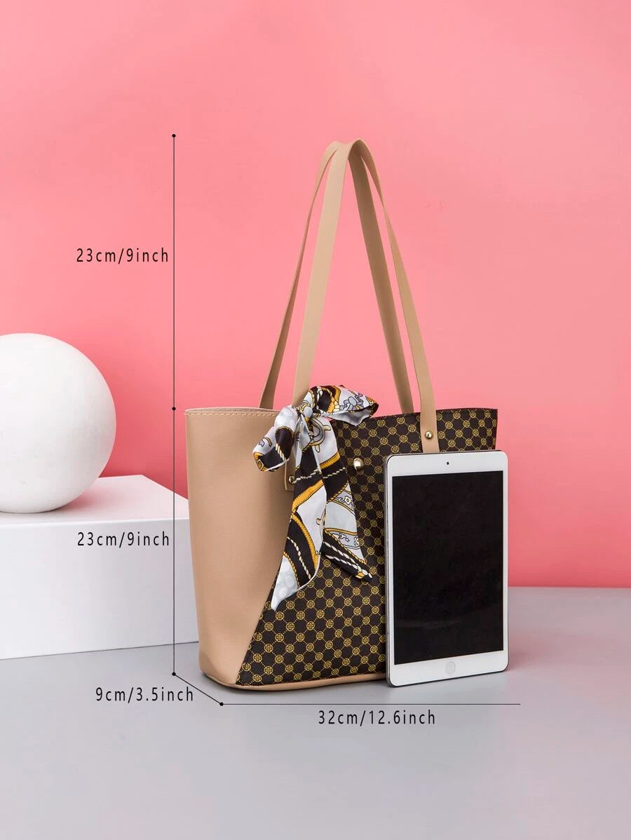 1pc PU Splicing Fashionable Scarf Letter Foil Tote Bag, Handbag, Shoulder Bag, Shopping Bag, Casual Everyday Use