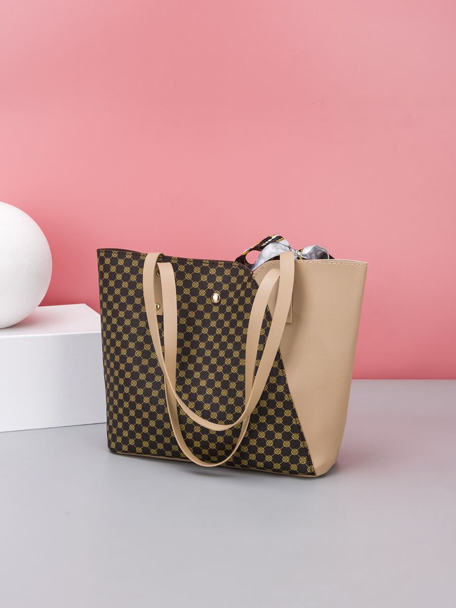 1pc PU Splicing Fashionable Scarf Letter Foil Tote Bag, Handbag, Shoulder Bag, Shopping Bag, Casual Everyday Use