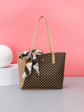 1pc PU Splicing Fashionable Scarf Letter Foil Tote Bag, Handbag, Shoulder Bag