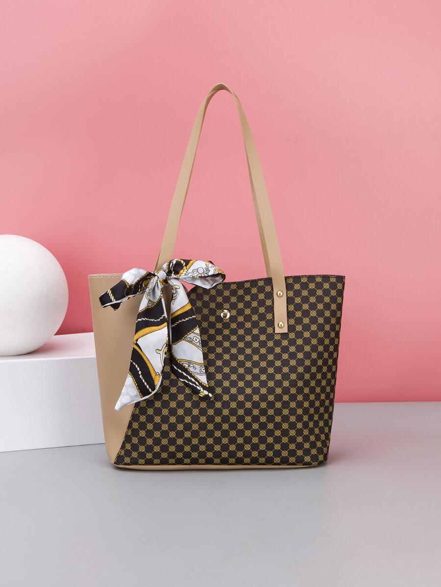 1pc PU Splicing Fashionable Scarf Letter Foil Tote Bag, Handbag, Shoulder Bag, Shopping Bag, Casual Everyday Use