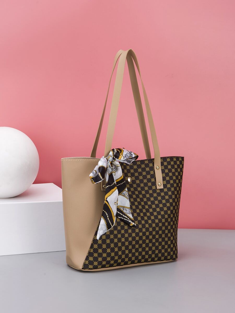 1pc PU Splicing Fashionable Scarf Letter Foil Tote Bag, Handbag, Shoulder Bag, Shopping Bag, Casual Everyday Use