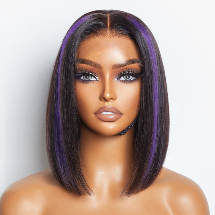 Purple Highlights Glueless 5x5 Closure HD Lace Bob Wig | Large & Small Cap Size