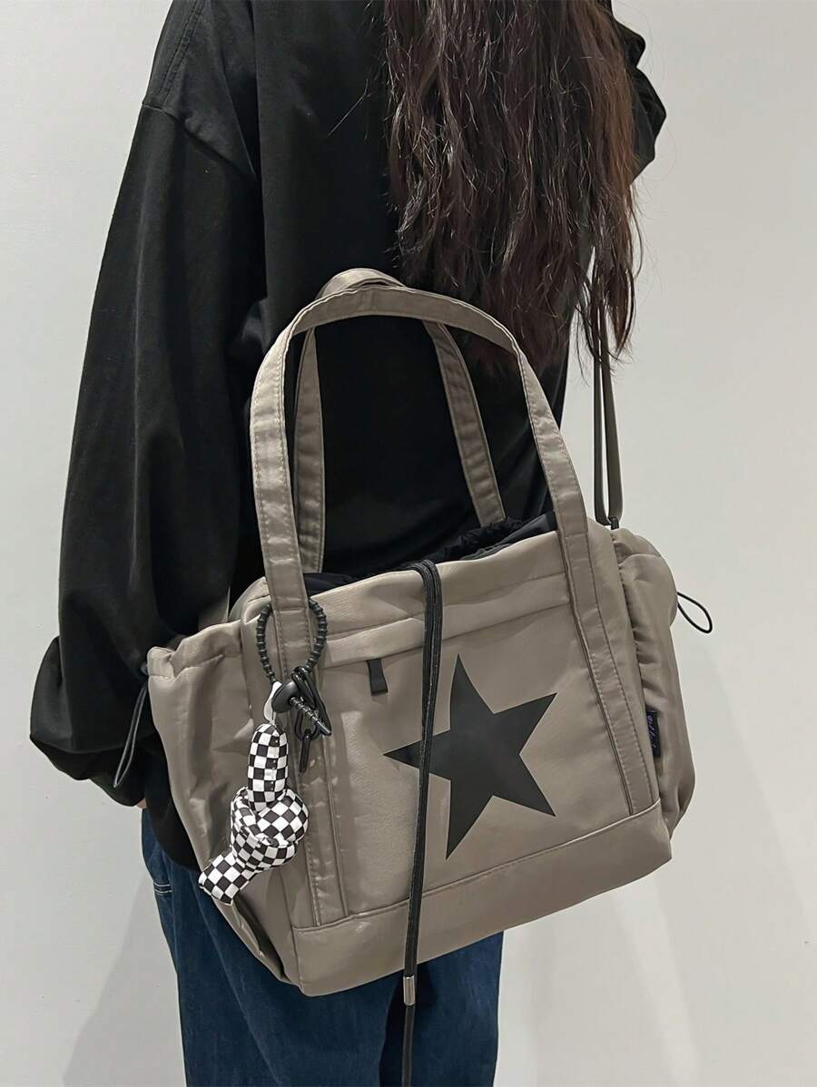 Star Pattern Drawstring Design Shoulder Tote Bag With Pendanttrendy Star Print Women Bag, Stars Hollow Women Bag
