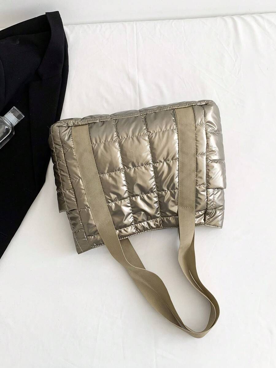 Solid Color Nylon Large Capacity Plaid Quilted Waterproof Multi-Pocket Zipper Shoulder Tote Bag, Suitable For Women's Daily Commute, Shopping, Travel, Autumn/Winter Multifunctional Bag