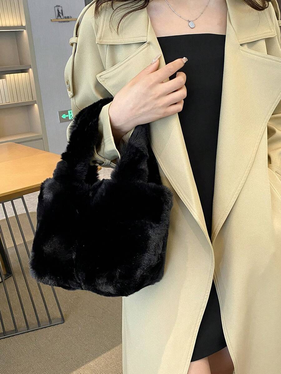 Fluffy Tote Bag Large Capacity Shoulder Bag For Women, Y2K Purses With Top Handle Plush Handbag For Work Travel Daily Commuting, Furry Design Large Cute Plush Shopping Bags, Simple Satchel Bags For Au