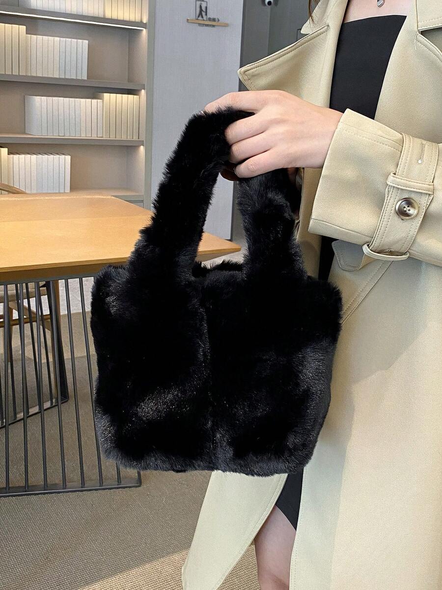 Fluffy Tote Bag Large Capacity Shoulder Bag For Women, Y2K Purses With Top Handle Plush Handbag For Work Travel Daily Commuting, Furry Design Large Cute Plush Shopping Bags, Simple Satchel Bags For Au