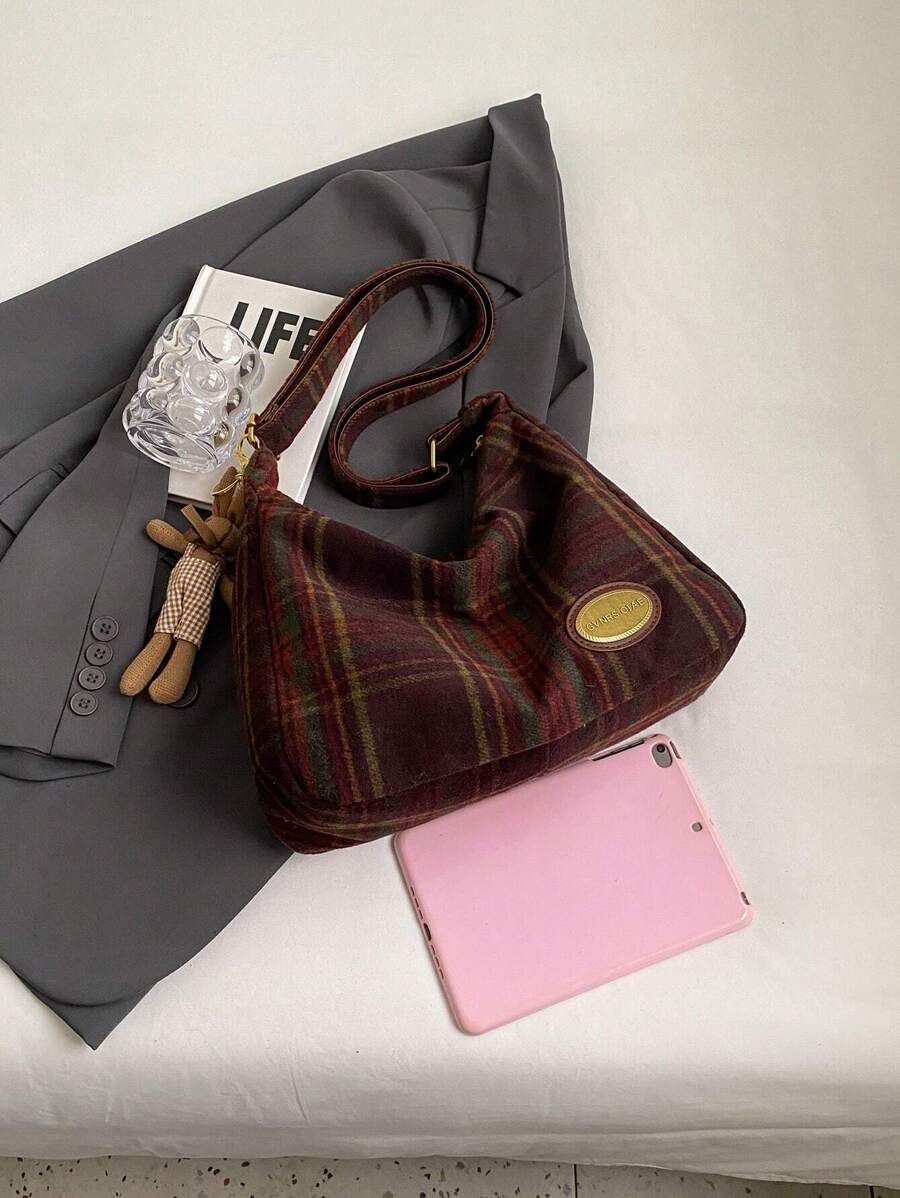 Plaid Block Large Capacity Women's Shoulder Bag Crossbody Bag Tote Bag, Office Bag