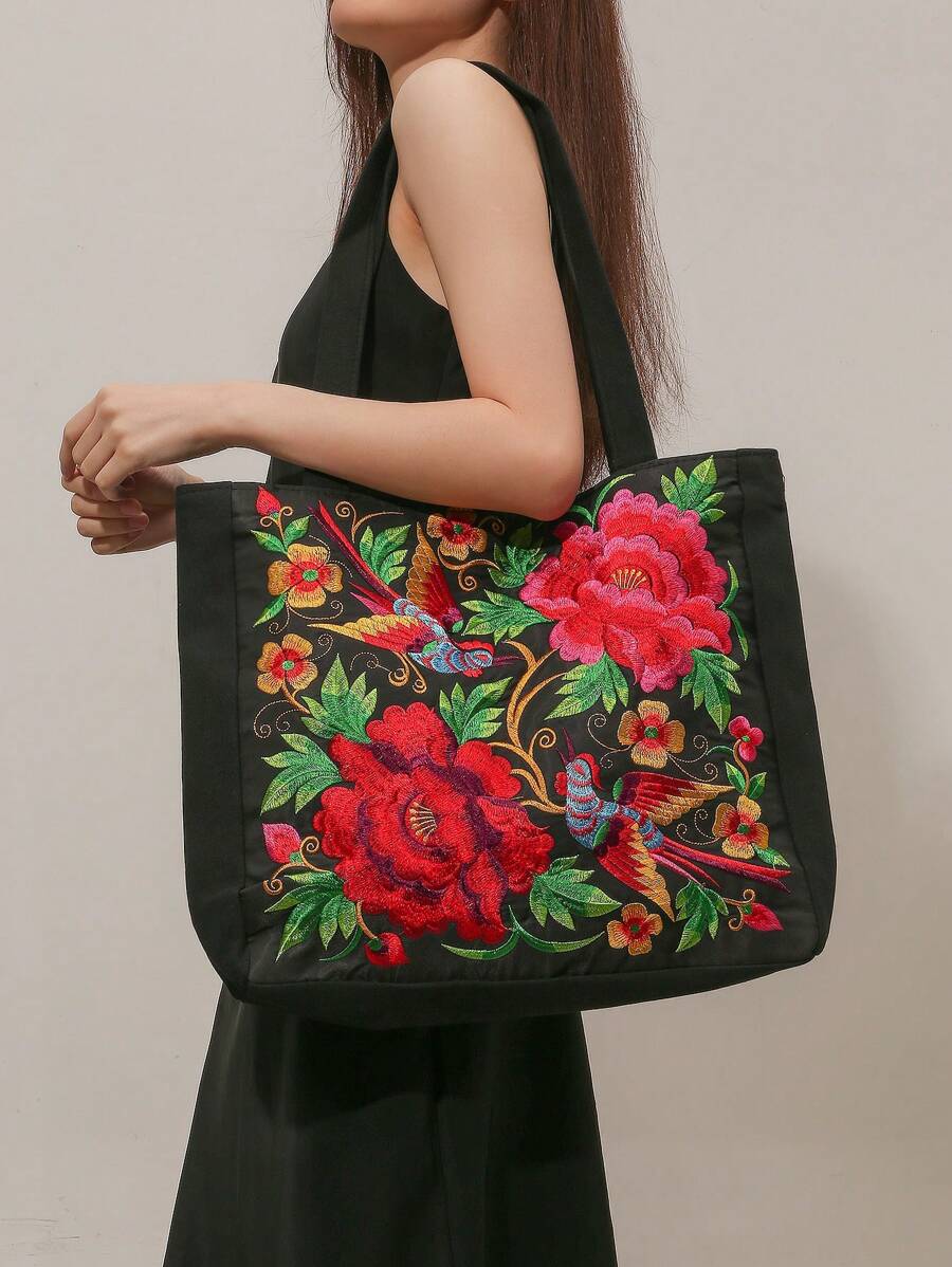 Embroidered Tote Bag For Shopping, Travel, Storage And Shoulder Carry