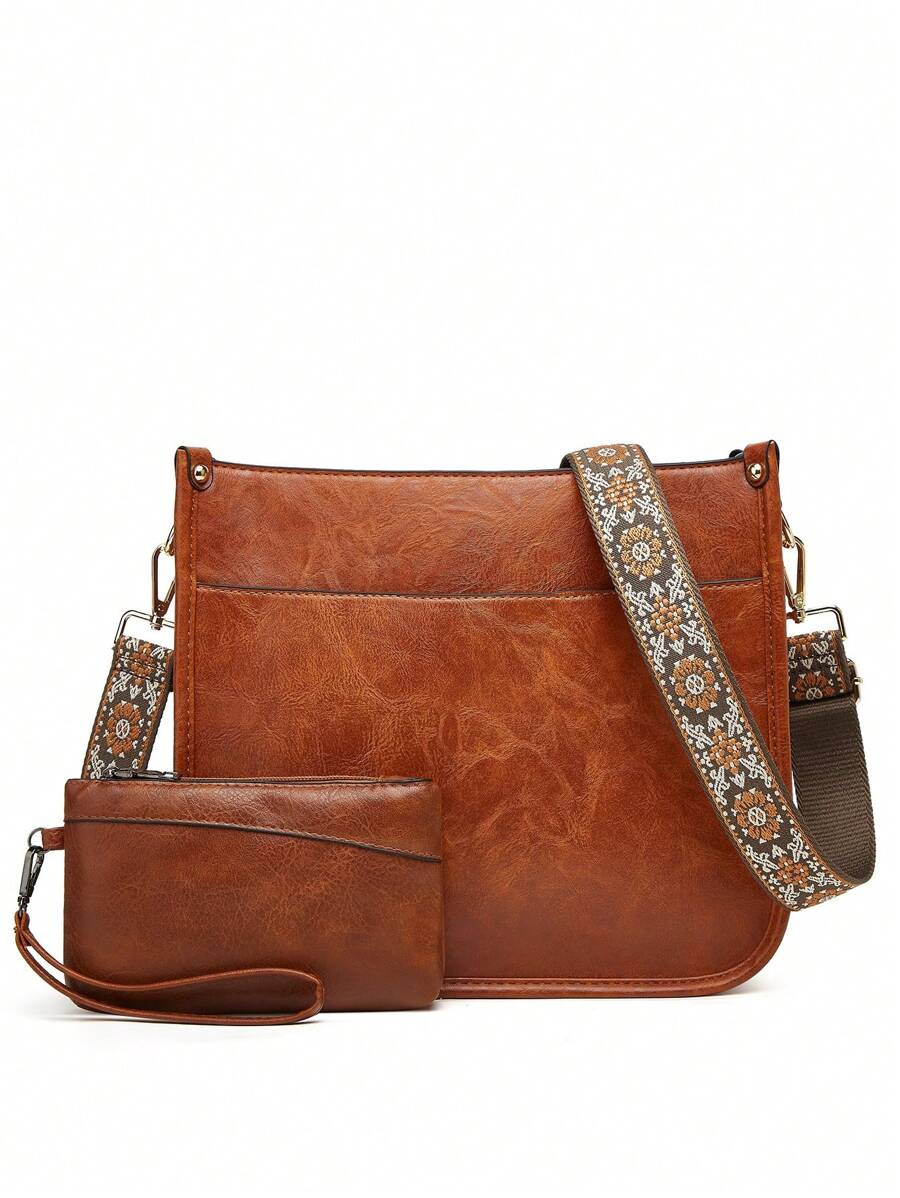 PU Leathe Crossbody Bag, Vintage Shoulder Tote Bags, Large Capacity Purse For WomenSolid Color Saddle Bag