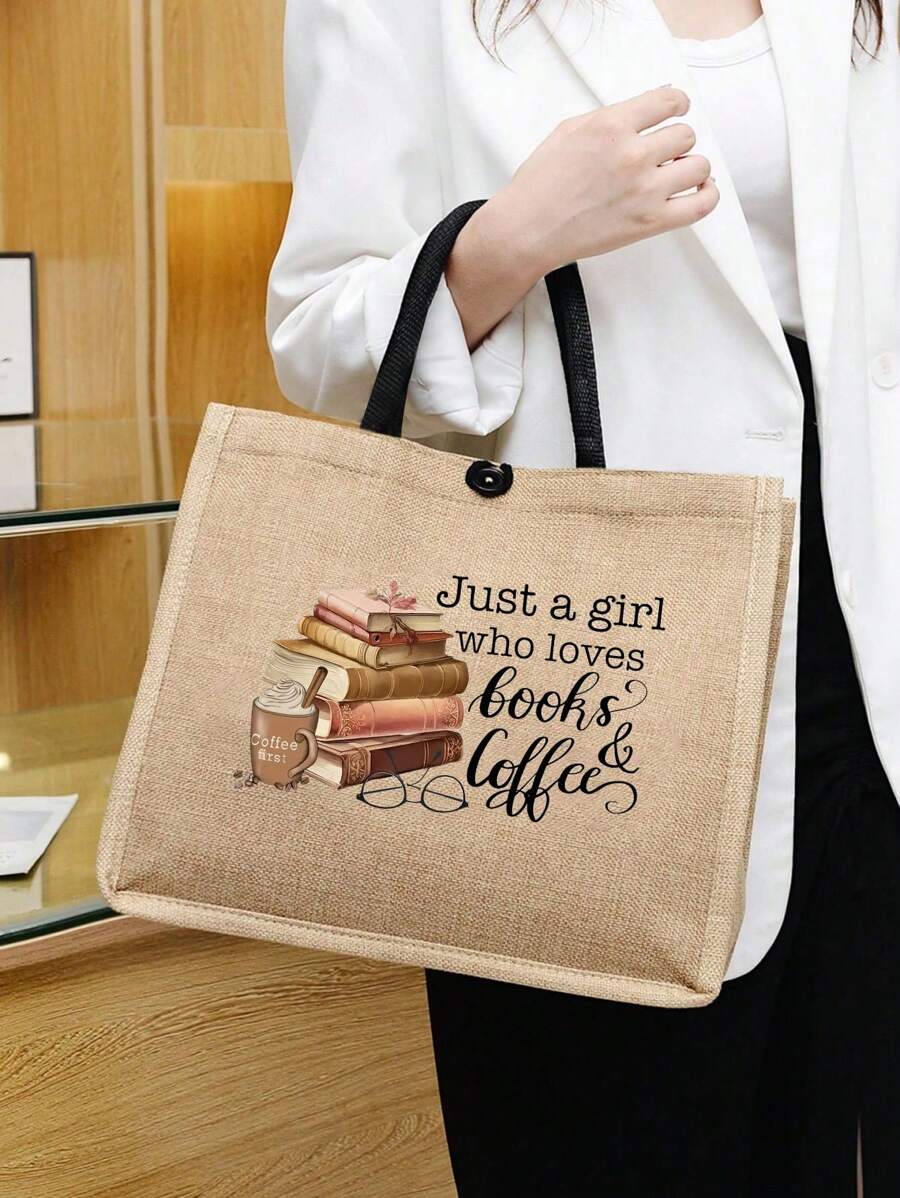 Just A Girl Who Loves Books Letter Linen Tote Bag, Funny Gift Letter Pattern Elements, Sister Gift, Christmas Storage Bag, Women'S Linen Large Capacity Tote Bag, Graduation Gift, Letter Print Fashion