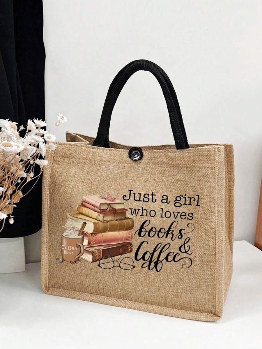 Just A Girl Who Loves Books Letter Linen Tote Bag, Funny Gift Letter Pattern Elements, Sister Gift, Christmas Storage Bag, Women'S Linen Large Capacity Tote Bag, Graduation Gift, Letter Print Fashion