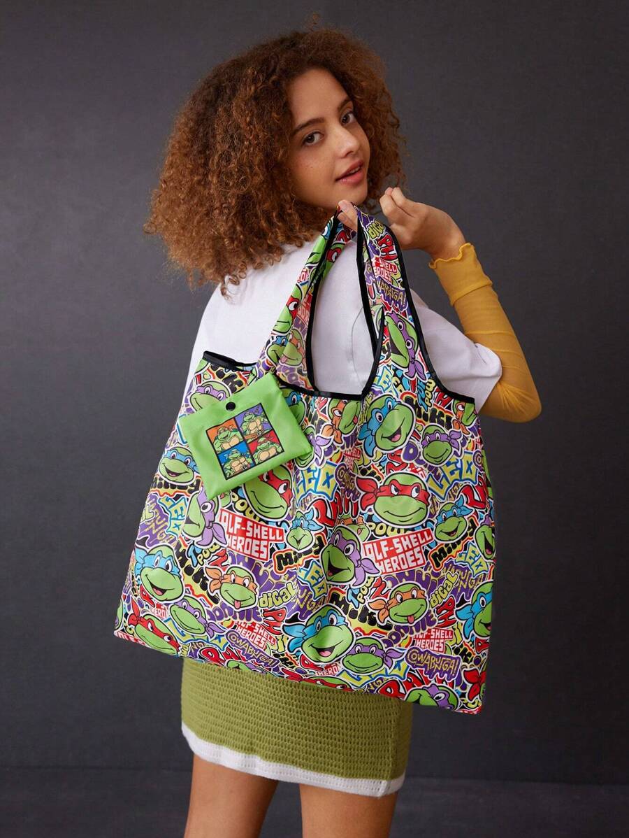 TEENAGE MUTANT NINJA TURTLES| Cartoon & Pizza Printed RPET Foldable Tote Bag