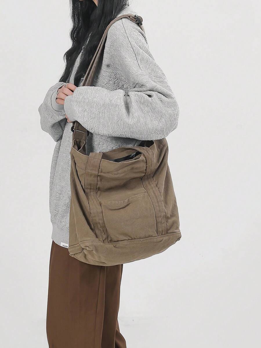Casual Retro Thick Washed Canvas Tote Bag, Large Capacity Foldable Handbag, Shoulder Bag Suitable For Daily Use, College/University Student