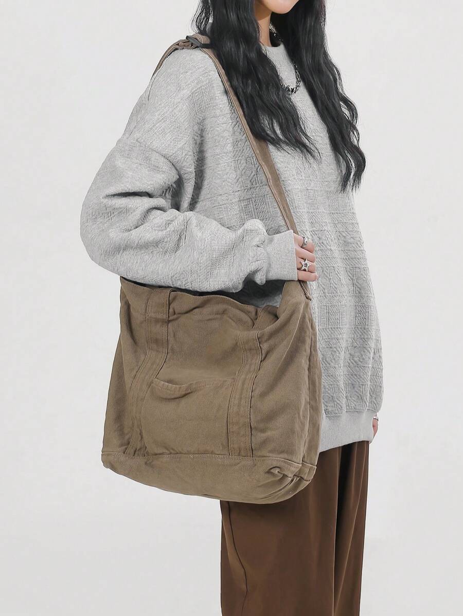 Casual Retro Thick Washed Canvas Tote Bag, Large Capacity Foldable Handbag, Shoulder Bag Suitable For Daily Use, College/University Student