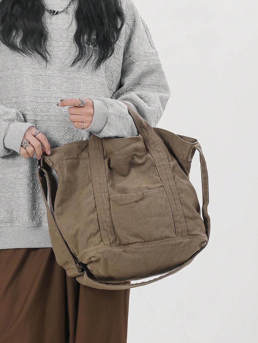 Casual Retro Thick Washed Canvas Tote Bag, Large Capacity Foldable Handbag, Shoulder Bag Suitable For Daily Use, College/University Student