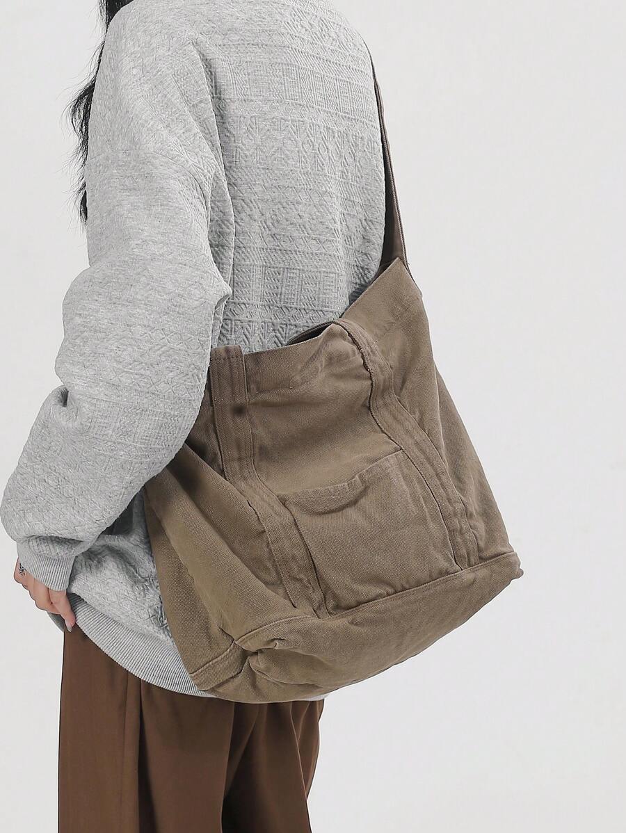 Casual Retro Thick Washed Canvas Tote Bag, Large Capacity Foldable Handbag, Shoulder Bag Suitable For Daily Use, College/University Student