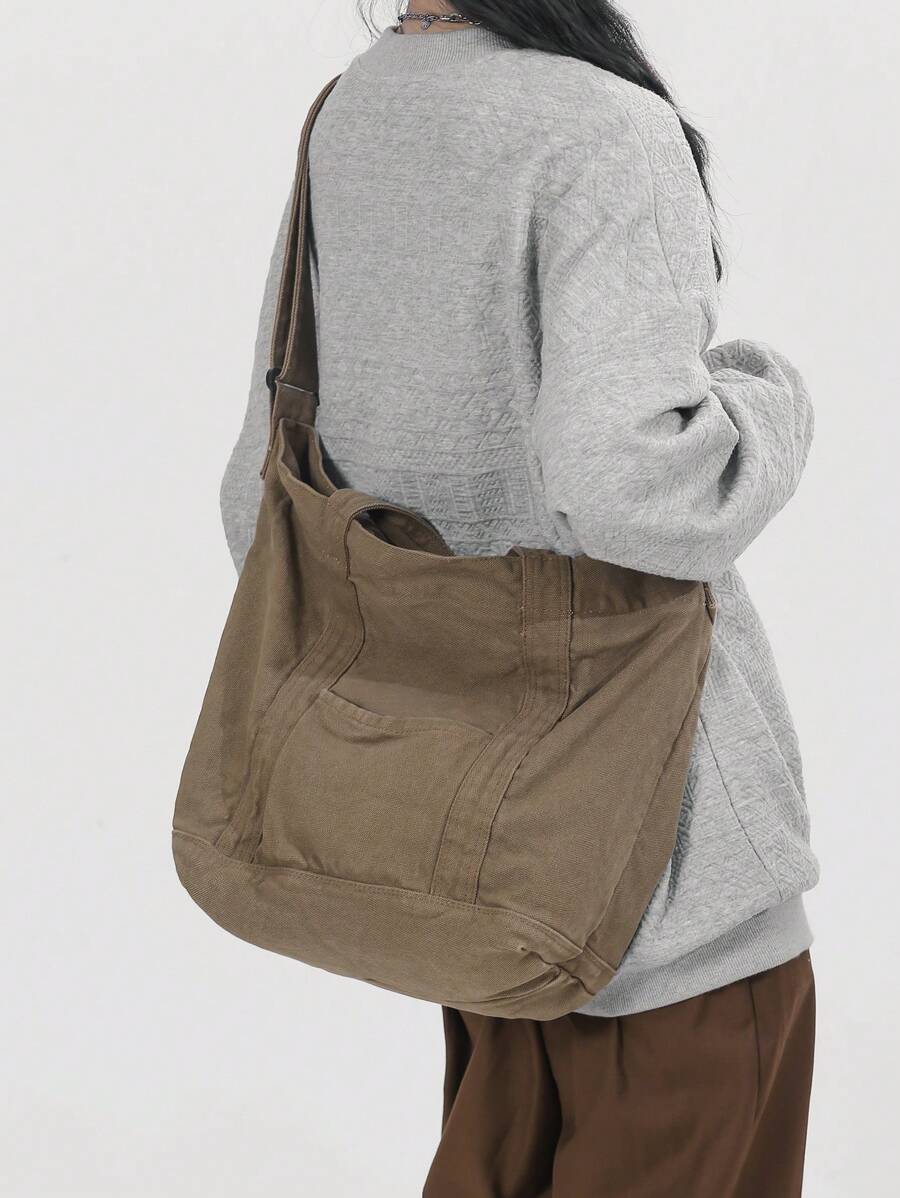 Casual Retro Thick Washed Canvas Tote Bag, Large Capacity Foldable Handbag, Shoulder Bag Suitable For Daily Use, College/University Student