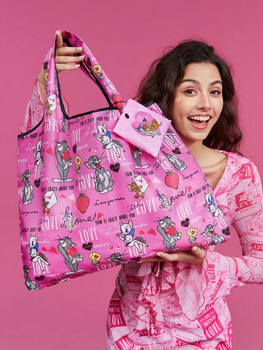 THE FLINTSTONES| 1pc Full-Print Cartoon Character Shopping Bag With Contrast Binding, Foldable And Portable