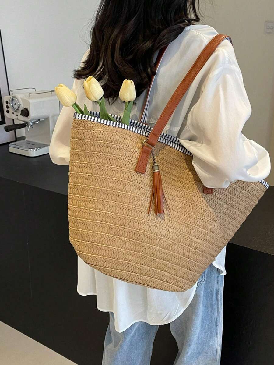 Tropiscape 1pc Khaki Large Capacity Woven Water Bucket Bag For Women, Casual Tote Bag For Daily Commute, Travel, Beach And Vacation Beach Autumn Winter Gifts Cottagecore,SummerOutfit
