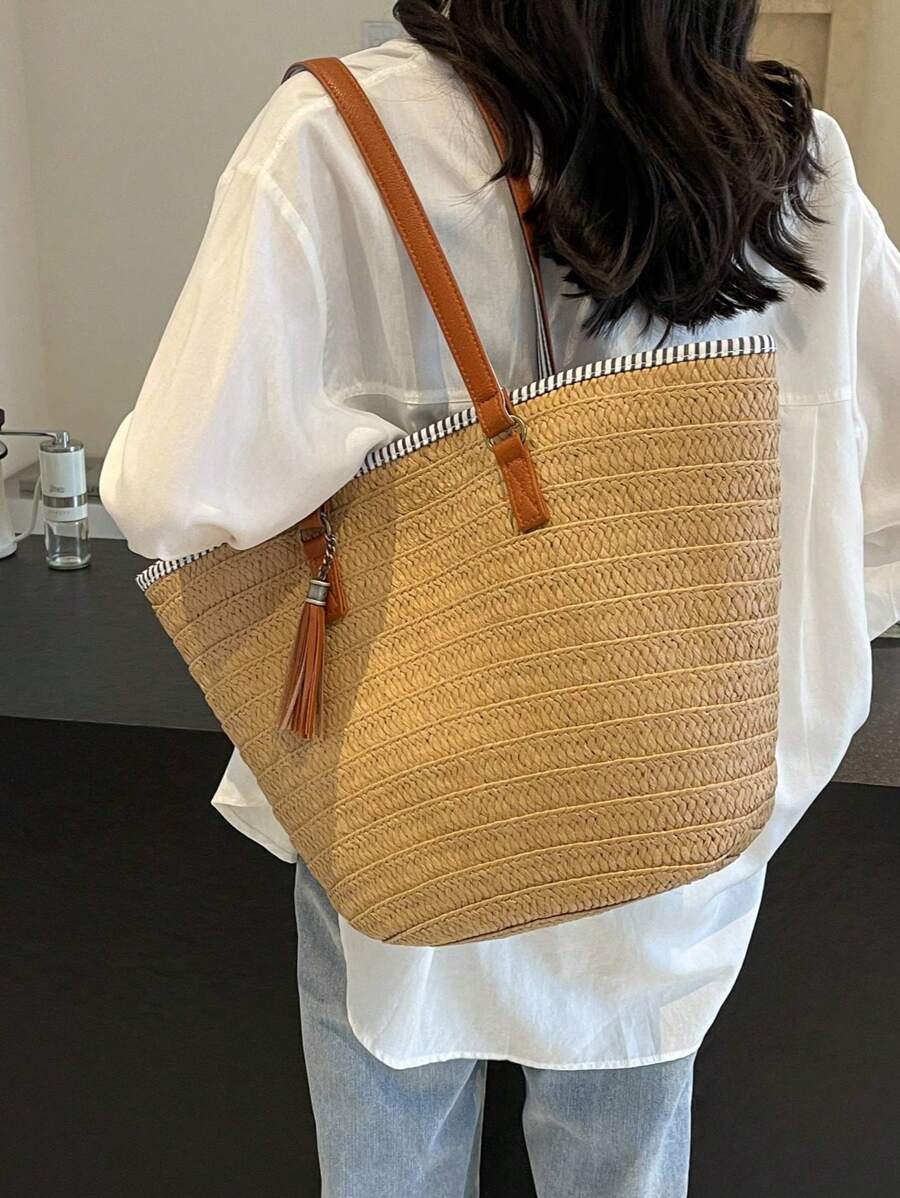 Tropiscape 1pc Khaki Large Capacity Woven Water Bucket Bag For Women, Casual Tote Bag For Daily Commute, Travel, Beach And Vacation Beach Autumn Winter Gifts Cottagecore,SummerOutfit