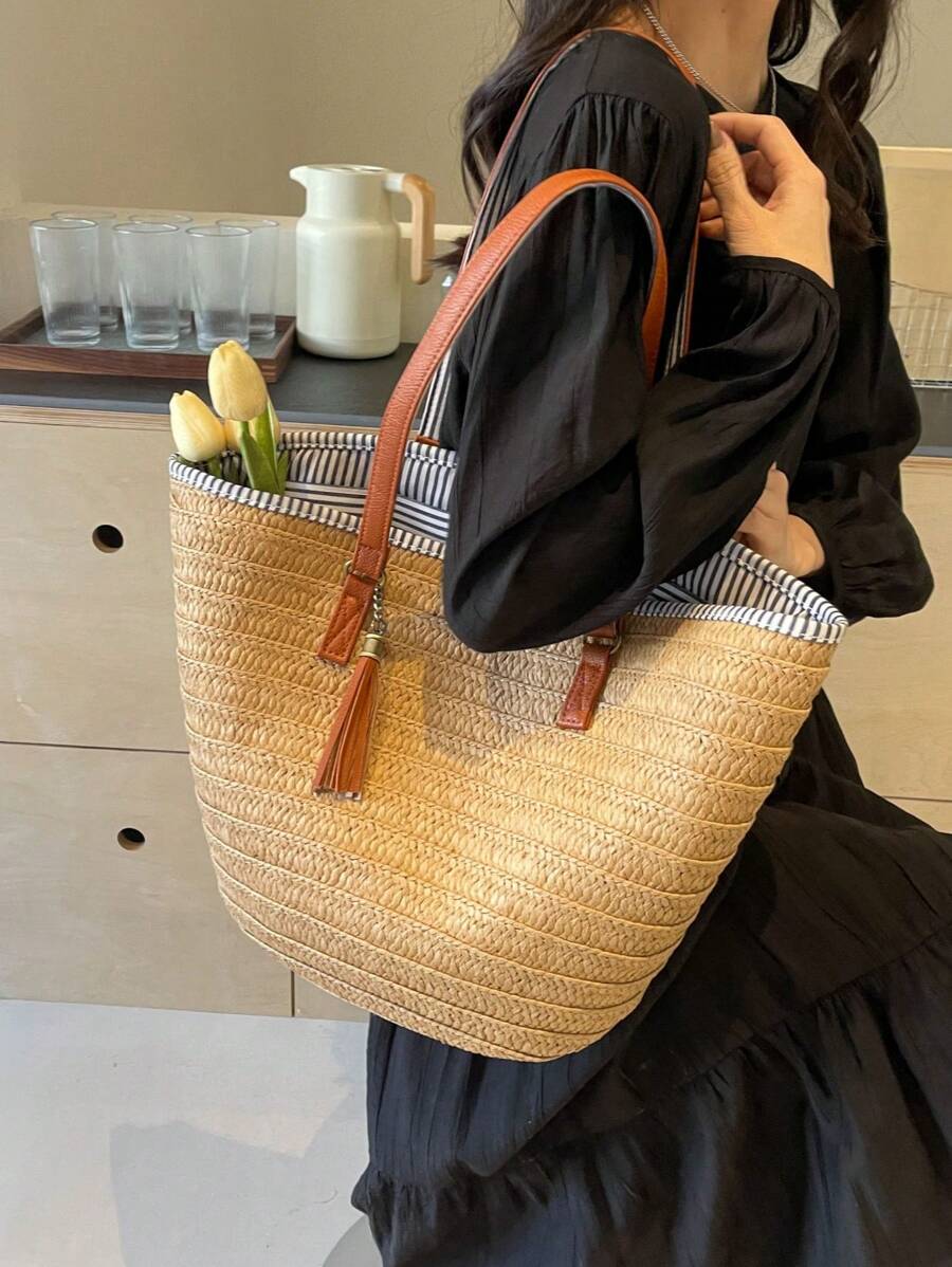 Tropiscape 1pc Khaki Large Capacity Woven Water Bucket Bag For Women, Casual Tote Bag For Daily Commute, Travel, Beach And Vacation Beach Autumn Winter Gifts Cottagecore,SummerOutfit