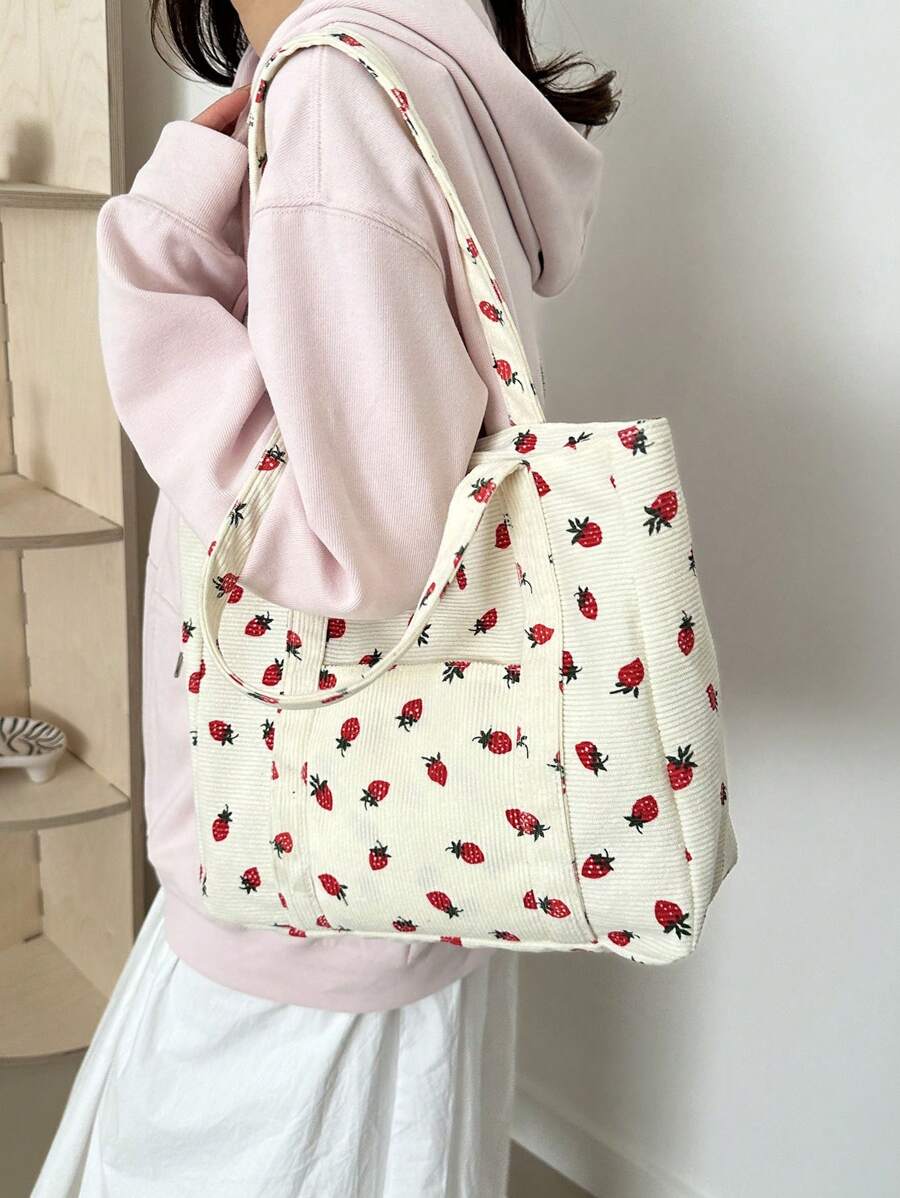 1pc Minimalist Fashion Printed Fabric Tote Bag, Zipper Closure, Shoulder Bag, Suitable For Work, Back To School, Middle School, High School, College, Holidays, Valentine's Day, Etc., Literary Bookbag