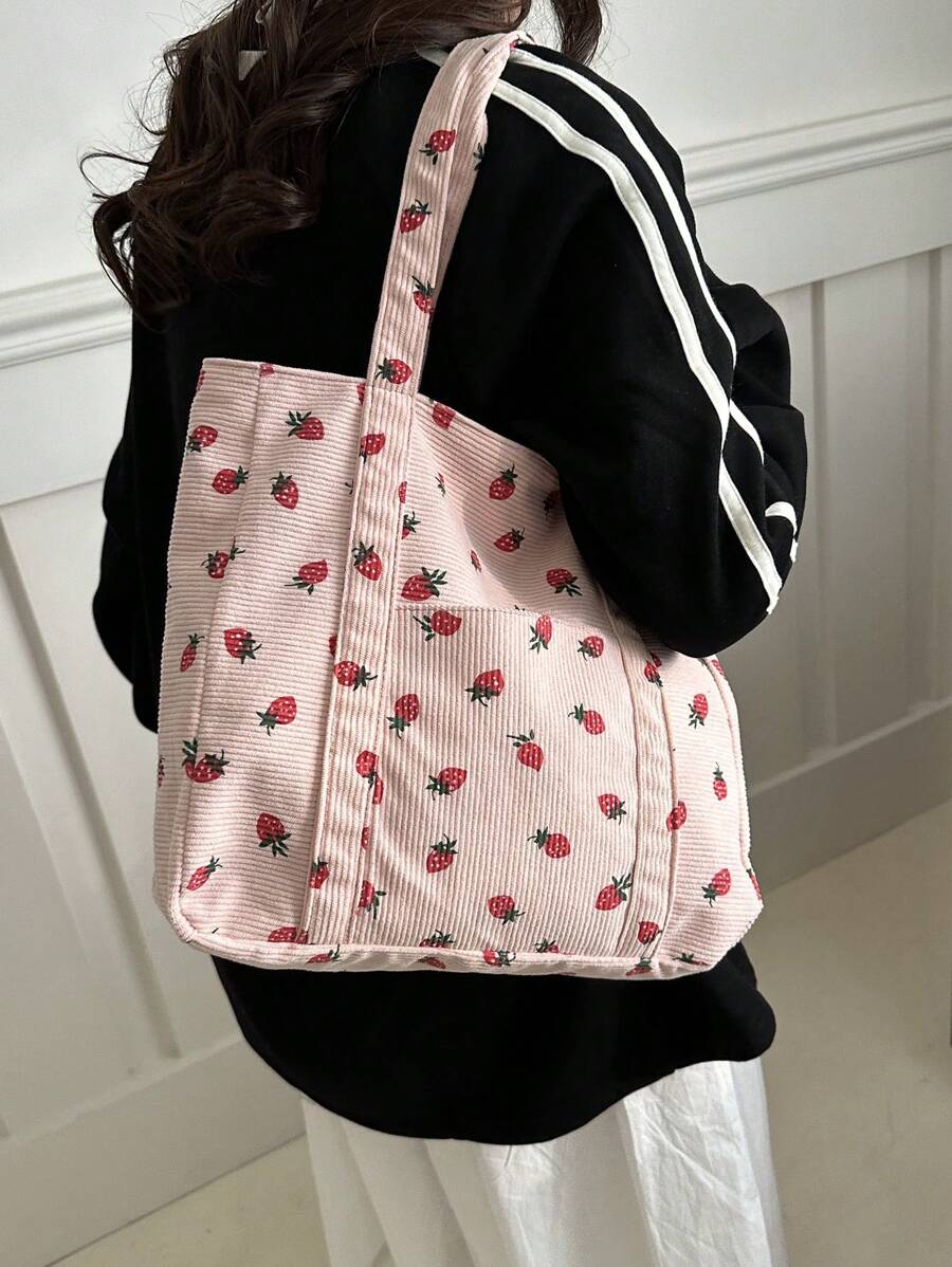 1pc Minimalist Fashion Printed Fabric Tote Bag, Zipper Closure, Shoulder Bag, Suitable For Work, Back To School, Middle School, High School, College, Holidays, Valentine's Day, Etc., Literary Bookbag