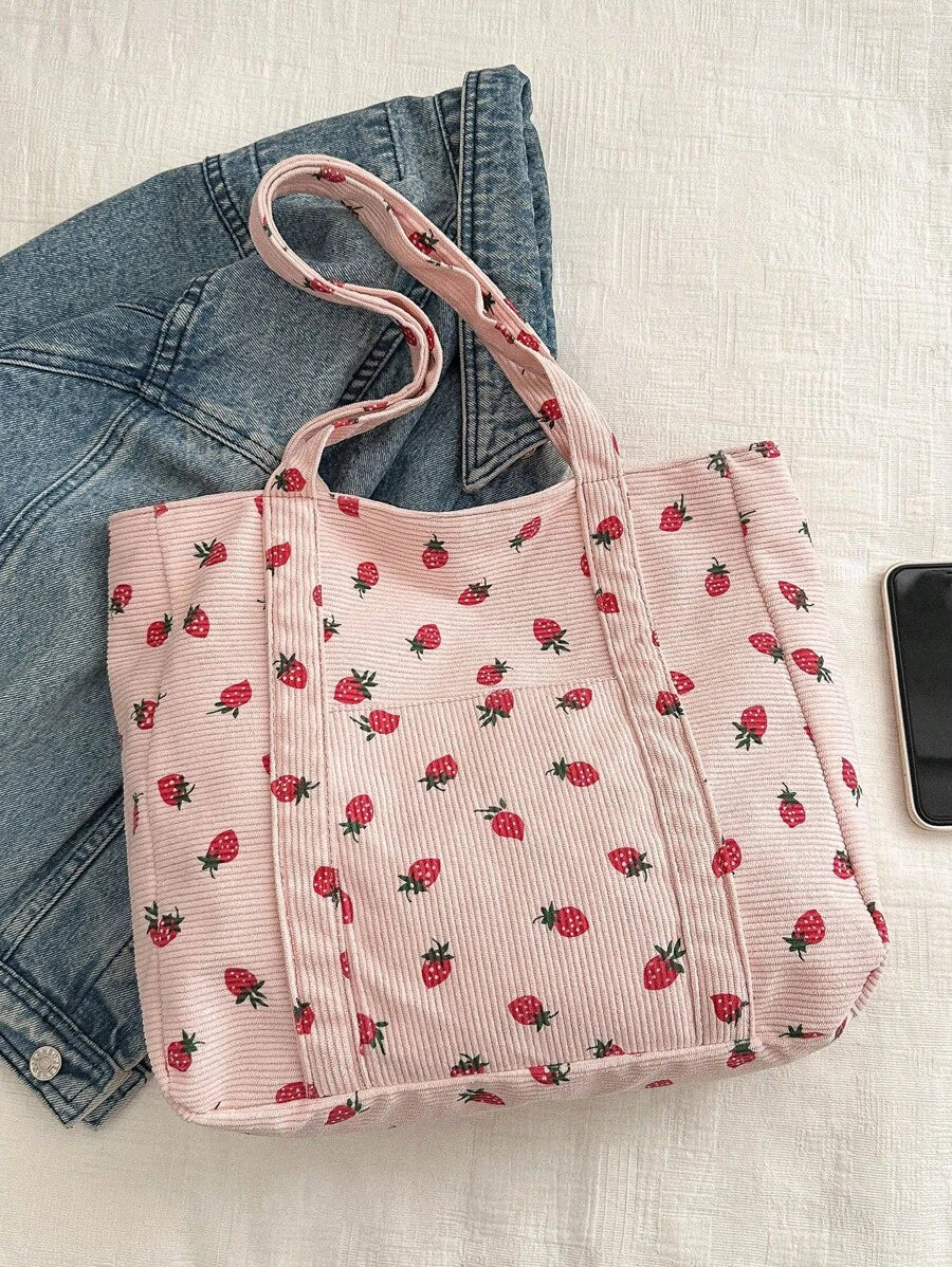 1pc Minimalist Fashion Printed Fabric Tote Bag, Zipper Closure, Shoulder Bag, Suitable For Work, Back To School, Middle School, High School, College, Holidays, Valentine's Day, Etc., Literary Bookbag