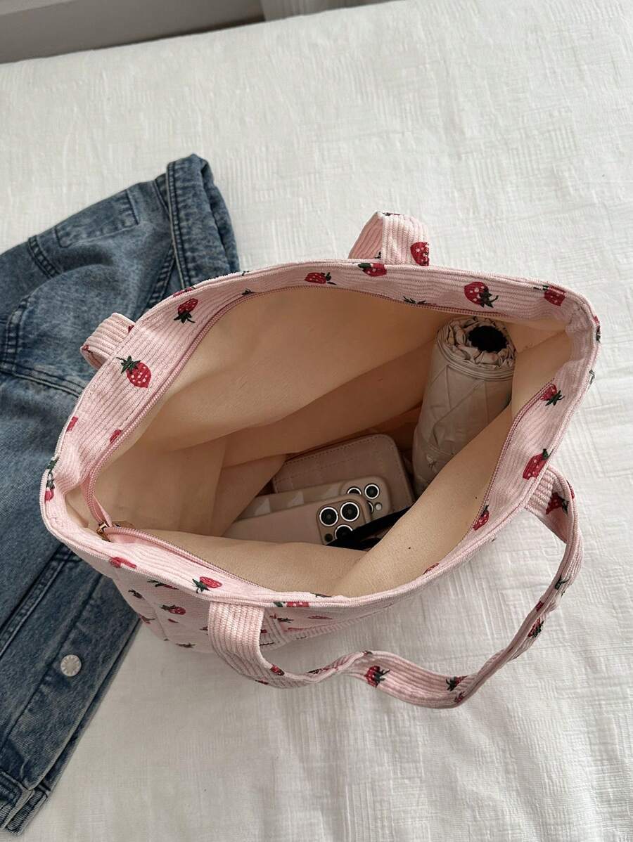 1pc Minimalist Fashion Printed Fabric Tote Bag, Zipper Closure, Shoulder Bag, Suitable For Work, Back To School, Middle School, High School, College, Holidays, Valentine's Day, Etc., Literary Bookbag