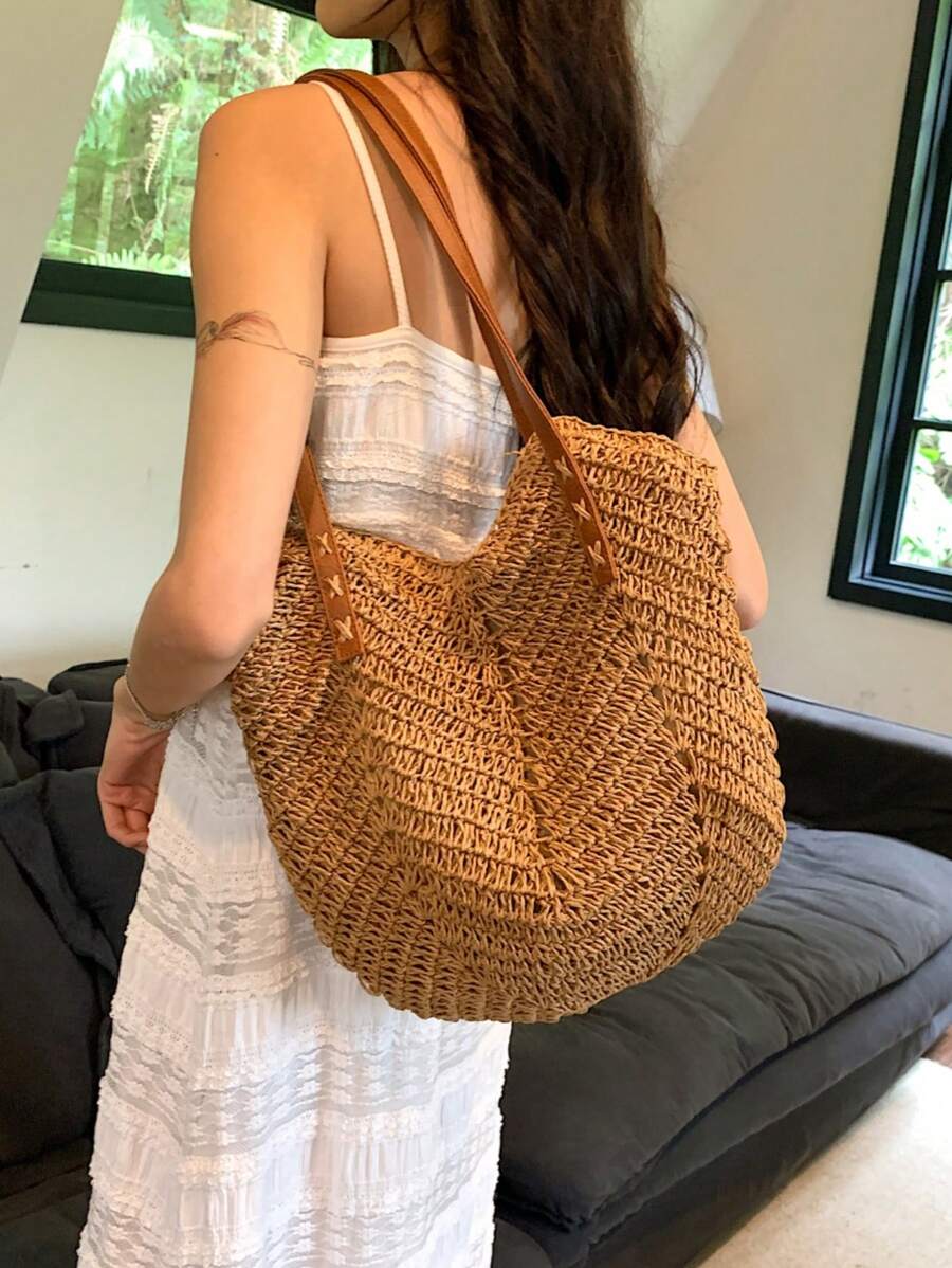 New Large Capacity Tote Bag, Woven Straw Dual Handle Design Women's Bag, Beach Bag For Commuting, Daily Shopping, Travel, Beach, Elegant, Lightweight, Casual, Portable, Suitable For Teenagers, College