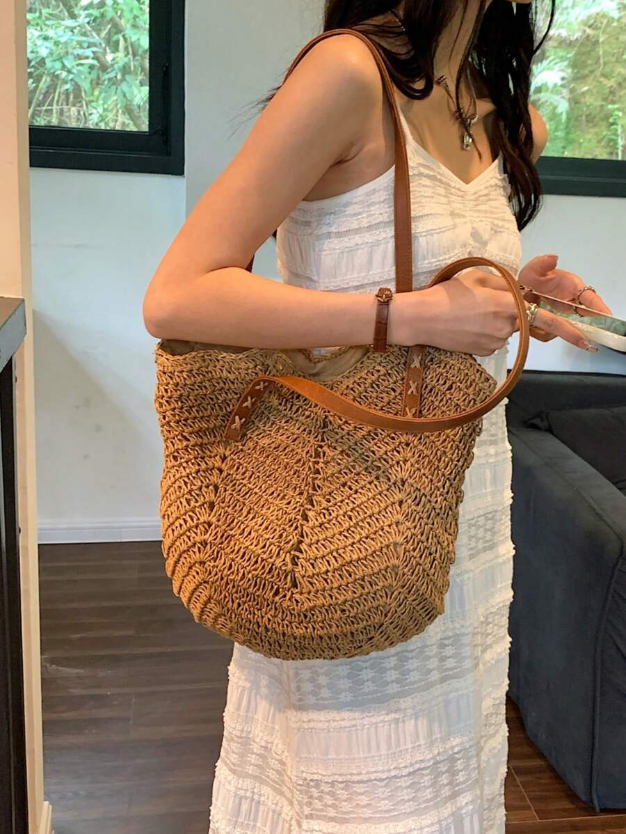 New Large Capacity Tote Bag, Woven Straw Dual Handle Design Women's Bag, Beach Bag For Commuting, Daily Shopping, Travel, Beach, Elegant, Lightweight, Casual, Portable, Suitable For Teenagers, College
