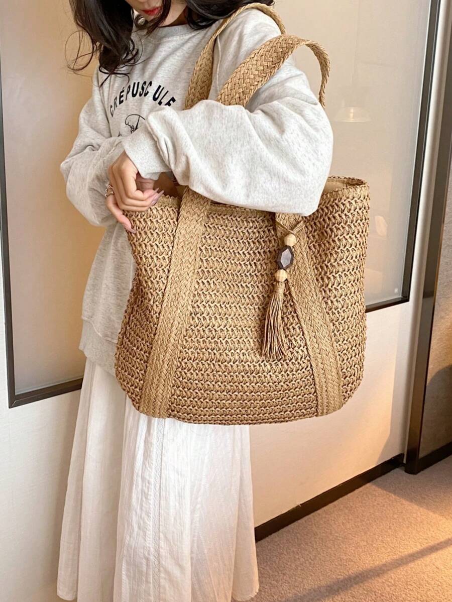 New Arrival Fashionable Woven Beach Tote Bag With Elegant Design For Travel Or Daily Use/Bohemian Style Shoulder/Hand Bag With Tassel Pendant,Large Capacity For Women,Girls,And Teenagers,Summer Essent