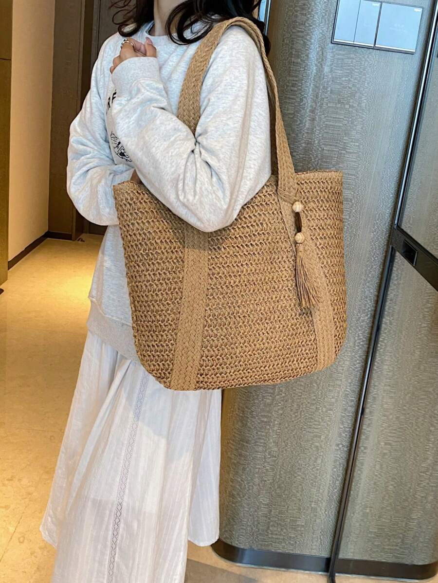 New Arrival Fashionable Woven Beach Tote Bag With Elegant Design For Travel Or Daily Use/Bohemian Style Shoulder/Hand Bag With Tassel Pendant,Large Capacity For Women,Girls,And Teenagers,Summer Essent