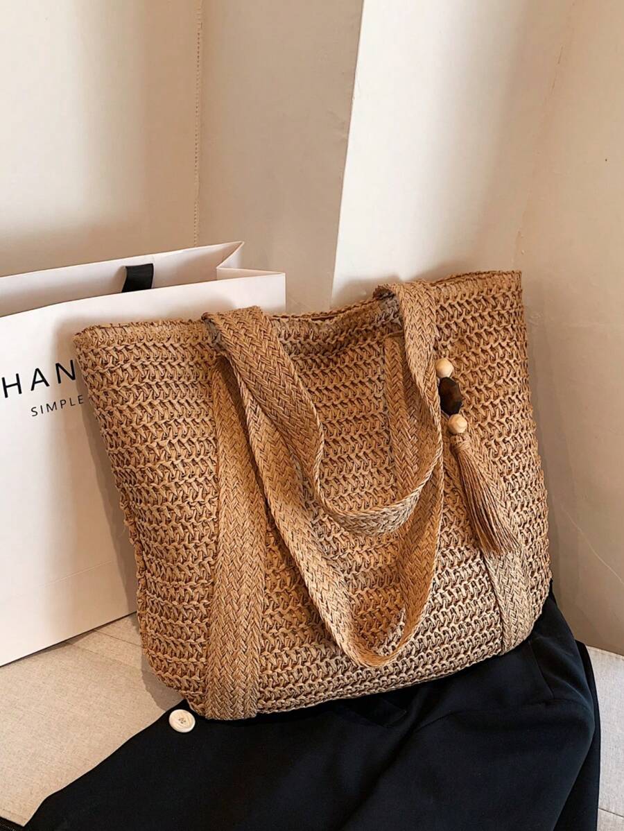 New Arrival Fashionable Woven Beach Tote Bag With Elegant Design For Travel Or Daily Use/Bohemian Style Shoulder/Hand Bag With Tassel Pendant,Large Capacity For Women,Girls,And Teenagers,Summer Essent