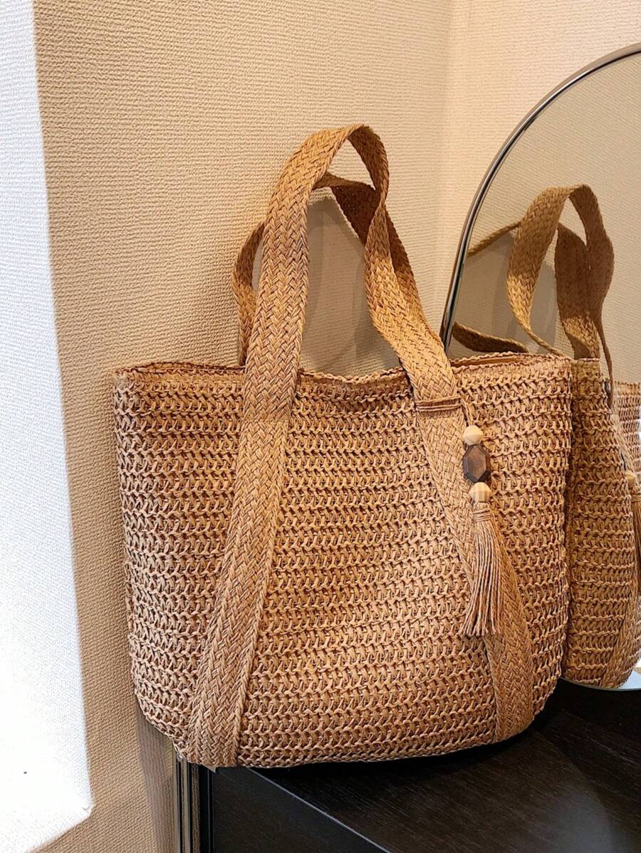New Arrival Fashionable Woven Beach Tote Bag With Elegant Design For Travel Or Daily Use/Bohemian Style Shoulder/Hand Bag With Tassel Pendant,Large Capacity For Women,Girls,And Teenagers,Summer Essent