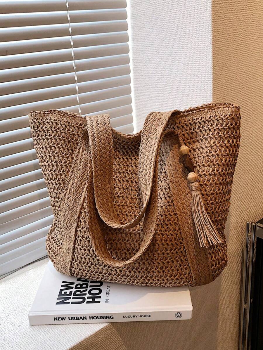 New Arrival Fashionable Woven Beach Tote Bag With Elegant Design For Travel Or Daily Use/Bohemian Style Shoulder/Hand Bag With Tassel Pendant,Large Capacity For Women,Girls,And Teenagers,Summer Essent