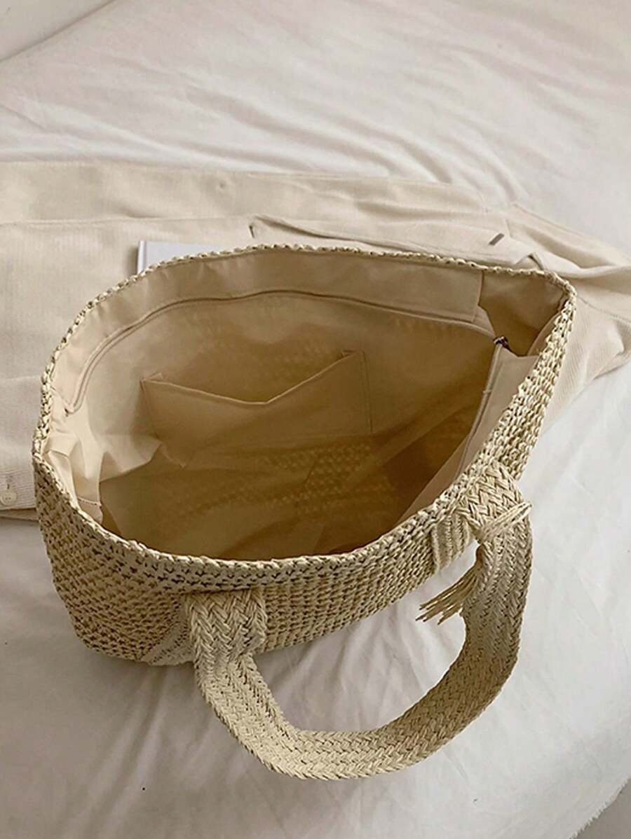 Bag Fashionable Tote Bag Solid Color Fringed Large Capacity Women's Bag,Beach Essentials,Summer Essentials Women Bags For Vacation & Holiday,School Bag,Large Capacity,Portable,Classic Casual,For Teen
